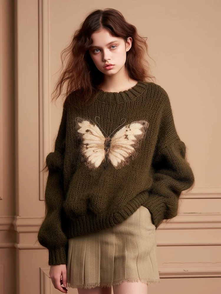 Winter wear mustard green furry round neck butterfly print knitted sweater