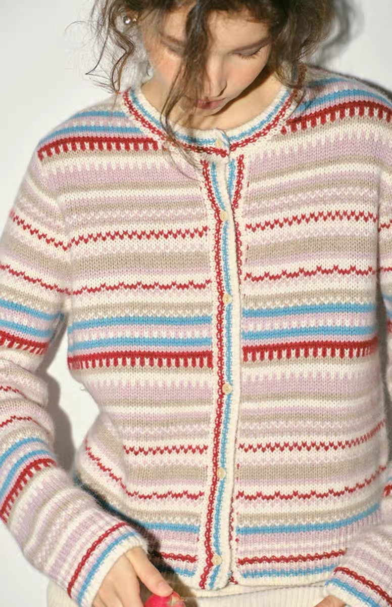 Classic Scottish Fair Isle knitted pattern round neck knitted cardigan sweater can be worn as an inner or outer autumn and winter top